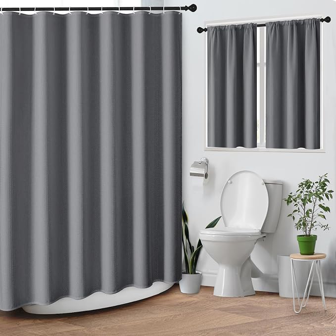 Shower Curtain Set, for Bathroom Decor 72" x 72", Grey Modern | Waffle Charcoal Solid Waffle Textured Cloth Waterproof Matching Window Shower Curtain 36 x 30 Inches