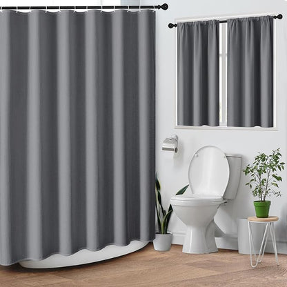 Shower Curtain Set, for Bathroom Decor 72" x 72", Grey Modern | Waffle Charcoal Solid Waffle Textured Cloth Waterproof Matching Window Shower Curtain 36 x 30 Inches