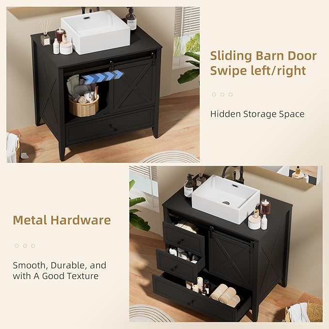 VNN Bathroom Vanity with Sink - 36 Inch Bathroom Vanity with Sink Ceramic, Freestanding Cabinet with Farmhouse Sliding Barn Door and 3 Drawers, Space-Saving Storage Cabinet, Wood Grain Texture, Black