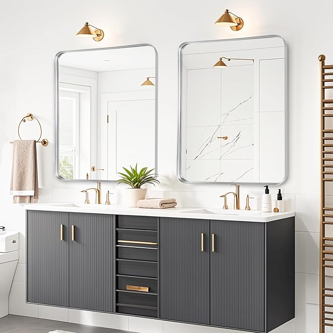 Silver Bathroom Vanity Mirror Over Sink 30x36, Large Wall Chrome Mirror | Fabuday Matte Metal Brushed Nickel Framed Rectangle Mirror for Living Room, Bedroom, Entryway Decor, Wall Mounted
