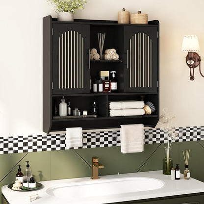 RUSTOWN Fluted Bathroom Wall Cabinet, Mid-Century Modern Medicine Cabinet with Adjustable Shelves & Towel Bar,3-Tier Wall Mounted Cabinets, Over The Toilet Storage Cabinets for Bathroom, Rustic Black