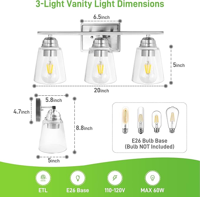 hykolity 3-Light Vanity Light Fixture, 5-Piece All-in-One Bathroom Set with Towel Bar, Ring, Robe Hook & Toilet Paper Holder for Bathroom Mirror Lighting, Brushed Nickel Wall Light with Glass Shade