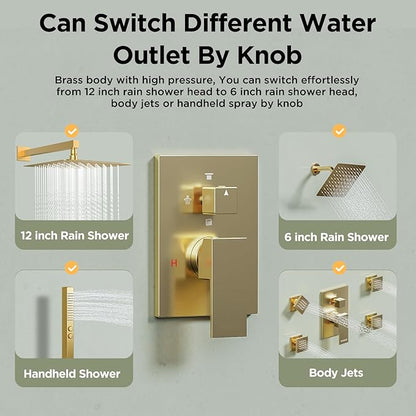 Shower System with 4 Body Spray Jets, STARBATH 4 Way 12 + 6"Rainfall Shower Head with Handheld Combo, Wall Mounted Shower Jets System in Wall Shower Faucet Set, Brushed Gold