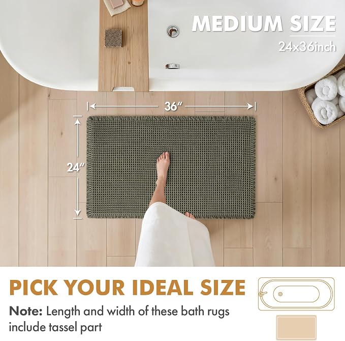 MIULEE Set of 2 Waffle Bathroom Rugs Boho Bath Mat Green 24x36 Inch | Non Slip, Super Absorbent, Washable, Ultra Soft, Rubber Backed, Large Bath Rugs for Bathroom Floor Tub Shower
