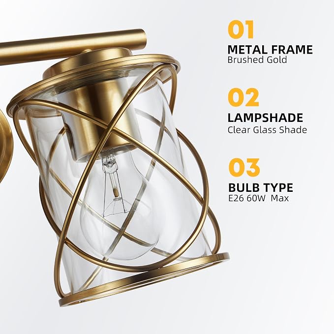 2-Lights Bathroom Vanity Lights, Bathroom Light Fixtures Over Mirror, Brushed Gold Vanity Light, Farmhouse Wall Lights with Clear Glass Shade, Bathroom Wall Lamp for Mirror Kitchen Bedroom