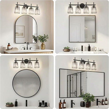 Crystal Bathroom Light Fixtures Over Mirror, Black 4-Light Bathroom Vanity Lights Over Mirror Modern Wall Lighting Sconces with Ceramic E26 Base (Bulbs Not Include)