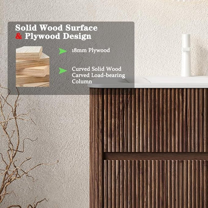 30" Floating Bathroom Vanity with Sink, Wall Mounted Modern Bathroom Cabinet with 2 Soft Close Drawers, Oak & Plywood, Pre-Assembled with Carrara White Basin – Bruges, Retro Walnut/S