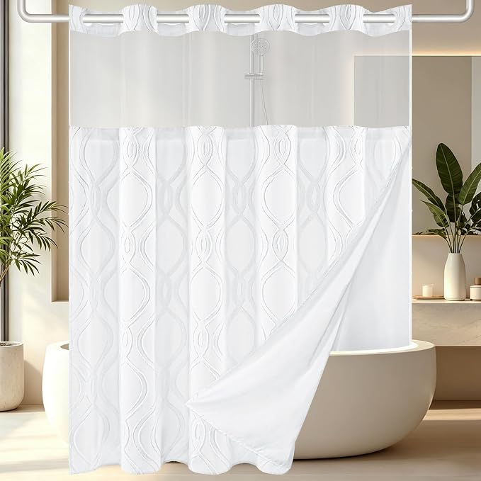 Yinhua No Hook Shower Curtain with Snap in Liner Set, 71" W×86" L, White | Hotel Style, See Through Top Window, Washable Waterproof, Tufted, Extra Long Hookless Curtain for Bathroom Bathtub