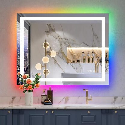 28x36 LED Bathroom Mirror with Lights, RGB Backlit Lighted Mirror | Backlit and Front Light, Anti-Fog, 3 Color Dimmable, Memory, Tempered Glass, IP54 Waterproof, UL Listed