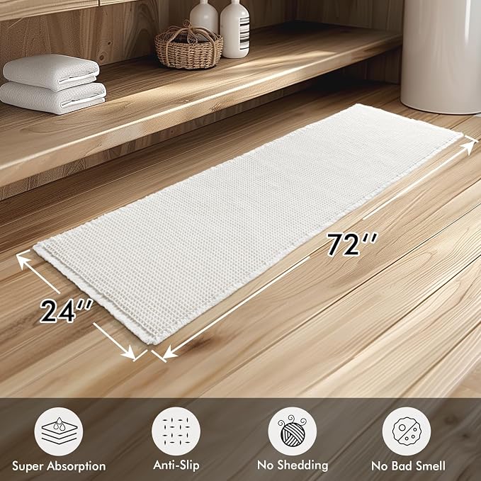 MIULEE Set of 2 Waffle Bathroom Runner Rugs White 2'x6'(24"x72") | Non Slip, Super Absorbent, Washable, Ultra Soft, Boho Bath Mats for Bathroom Hallway Bedroom Laundry Room Kitchen
