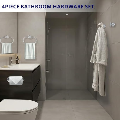 Bathroom Hardware Set Includes Towel Ring, Toilet Paper Holder and 2 Towel Hooks, SUS304 Stainless Steel Modern Wall-Mounted Bathroom Set, Rustproof Bathroom Fitting Set (Brushed Nickel)
