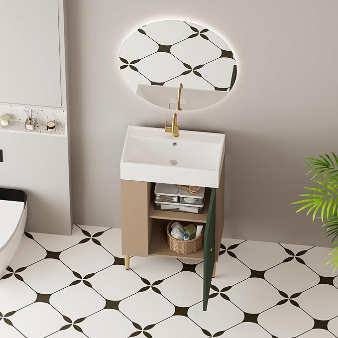 Merax 20 Inch Bathroom Vanity with Sink, Narrow Depth Bathroom Vanities,Wood Vanity Cabinet,Soft Closing Door,Freestanding Sink Cabinet W/Open Side Shelves, Dark Green