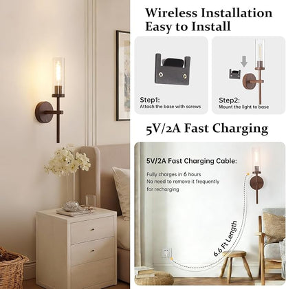 Shenmoyl Battery Operated Wall Sconces Set of 2, Walnut Color Rechargeable Wall Lighting Fixtures, Dimmable Wall Lights with Remote & Clear Glass Shade for Living Room, Bathroom,Bedroom