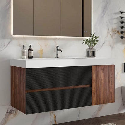 48 Inch Bathroom Vanity with Sink, Floating Bathroom Cabinet with 2 Soft-Closing Drawers & 1 Door, Large Storage for Apartment, Hotel, Walnut+Black, White Sink(Already Assembled)