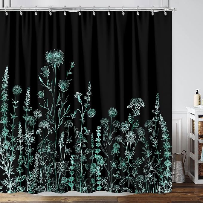 Vintage Black and Teal Boho Shower Curtain, Black Turquoise Floral Aesthetic Dark Wildflower Botanical Flowers Shower Curtain for Bathroom with Hook, Farmhouse Plant Art Chic Shower Curtain 72X72