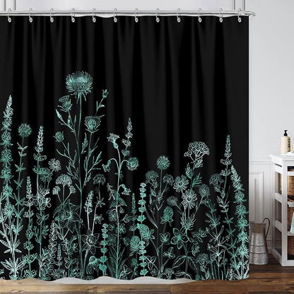 Vintage Black and Teal Boho Shower Curtain, Black Turquoise Floral Aesthetic Dark Wildflower Botanical Flowers Shower Curtain for Bathroom with Hook, Farmhouse Plant Art Chic Shower Curtain 72X72