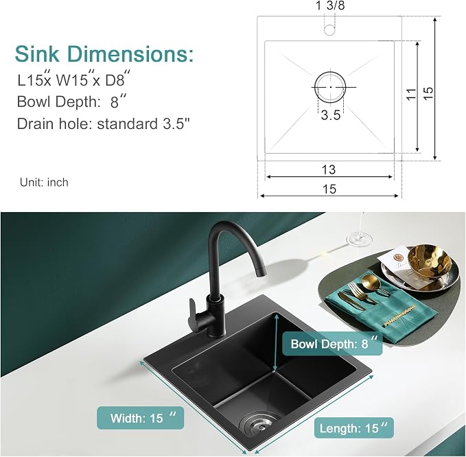 Black Topmount Kitchen Sink - 15”×15” Single Bowl Sink | 8 Inch Deep Handmade Bar Sink with Strainer, Stainless Steel 304, Center Drain, X-Groove Drainage, Sound-Dampening Pad