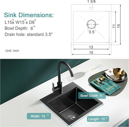 Black Topmount Kitchen Sink - 15”×15” Single Bowl Sink | 8 Inch Deep Handmade Bar Sink with Strainer, Stainless Steel 304, Center Drain, X-Groove Drainage, Sound-Dampening Pad