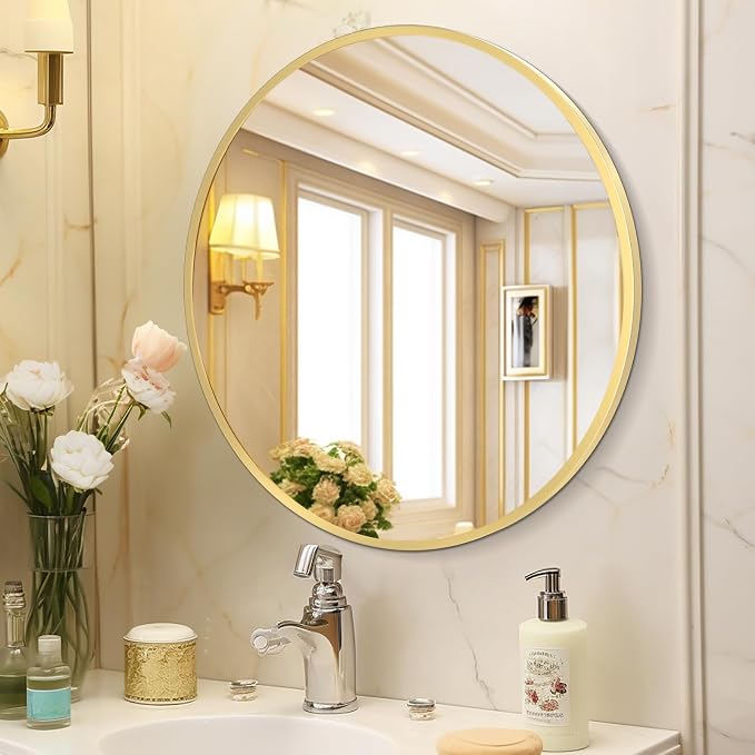 HARRITPURE 24 Inch Round Mirror Gold Circle Bathroom Mirror | Modern Aluminum Alloy Frame Wall Mounted Vanity Mirror for Living Room, Bedroom, Entryway