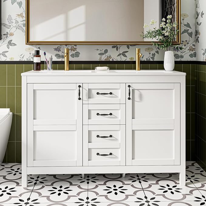 48" Bathroom Vanity with Sink Combo, Freestanding Farmhouse Thickened Wood Bathroom Storage Cabinet with Undermount Double Sink, 3 Drawers & 2 Soft-Close Doors with Organizers, White