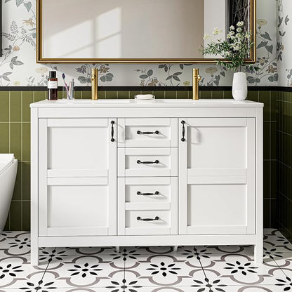 48" Bathroom Vanity with Sink Combo, Freestanding Farmhouse Thickened Wood Bathroom Storage Cabinet with Undermount Double Sink, 3 Drawers & 2 Soft-Close Doors with Organizers, White