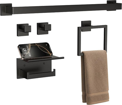5-Piece 23.6 Inch Matte Black Bathroom Accessories Set, Bathroom Hardware Set, Stainless Steel Bath Towel Bar Set, Toilet Paper Holder with Shelf, Towel Hooks, Towel Ring Wall Mounted