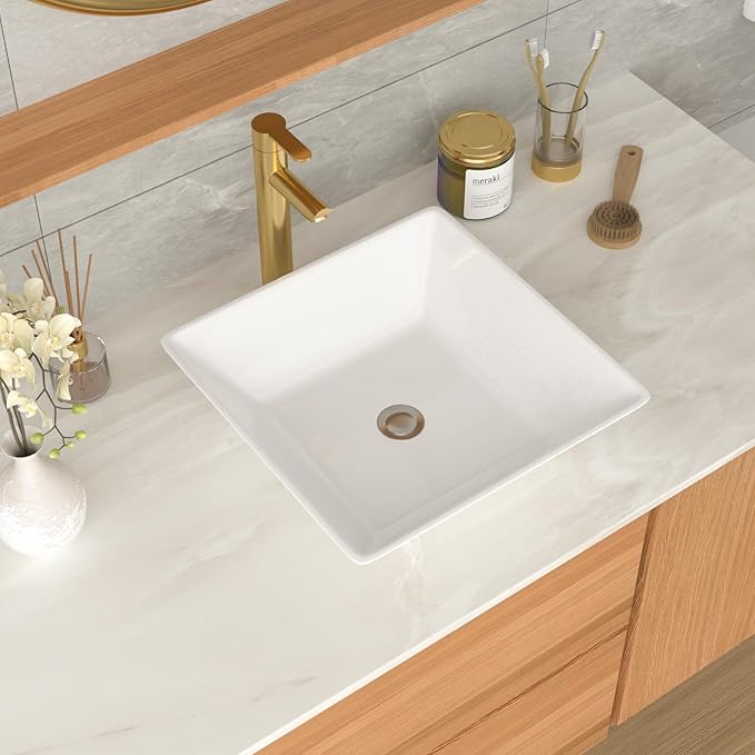 White Bathroom Vessel Sink Ceramic Vanity Art Basin Above Counter | 16''x16'' Small Square Bathroom Sink Porcelain Vessel Vanity Sink