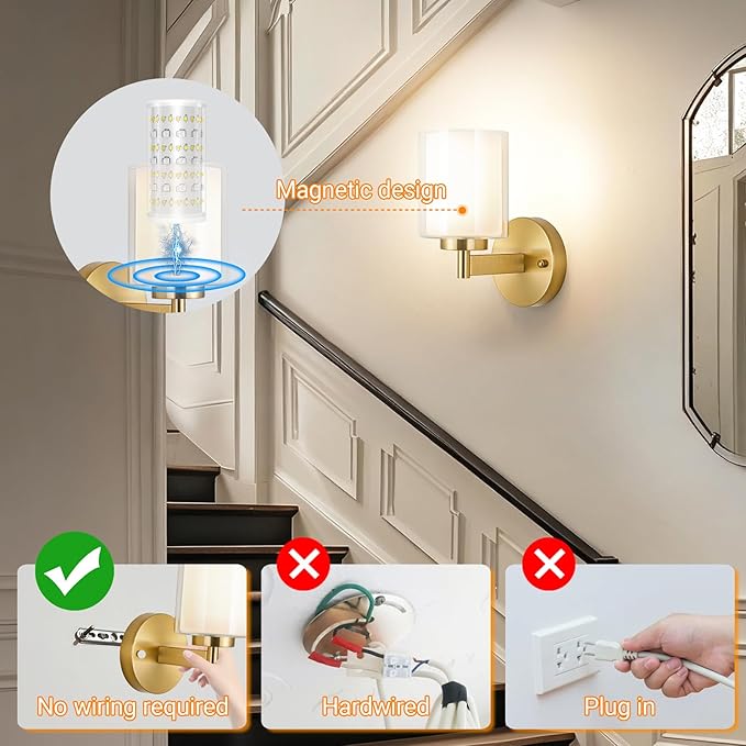 Battery Operated Wall Sconce Set of 2, Wireless Wall Sconce with Remote,10000mAh Rechargeable RGB Dimmable Bathroom Light Fixtures with Double Clear Glass Shade NOT Hardwired