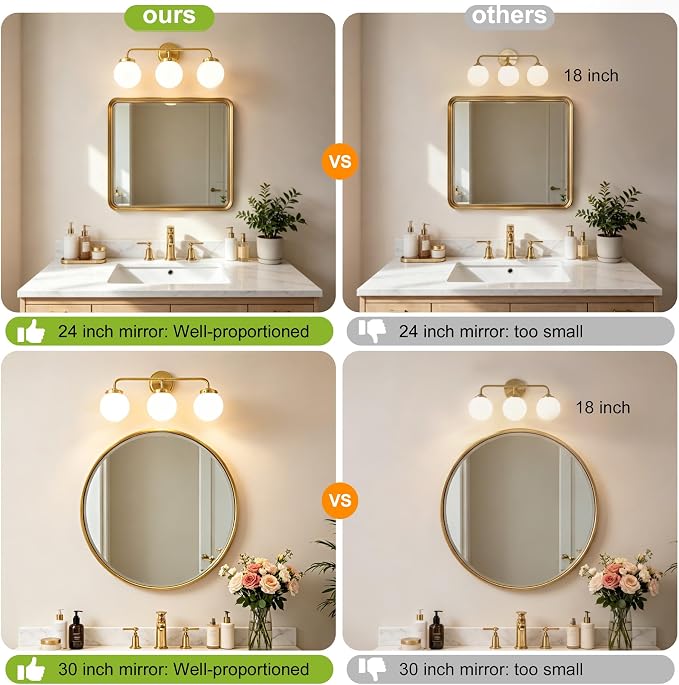 Bathroom Light Fixtures 22.4in 3-Light Brushed Gold Vanity Light for Mirror | Bathroom Lighting Fixtures over Mirror, ETL, Brushed Brass Wall Sconce, Dimmable E12 Base Max 60W, Milky Glass Ball Shades