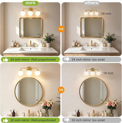 Bathroom Light Fixtures 22.4in 3-Light Brushed Gold Vanity Light for Mirror | Bathroom Lighting Fixtures over Mirror, ETL, Brushed Brass Wall Sconce, Dimmable E12 Base Max 60W, Milky Glass Ball Shades