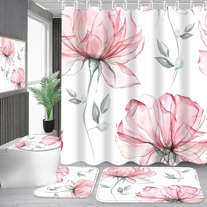 4-Piece Pink Flowers Shower Curtain Set Floral Leaves Bathroom Set with Shower Curtain and Rugs, Pink White Minimalist Bath Curtain with Hooks for Modern Home Decor