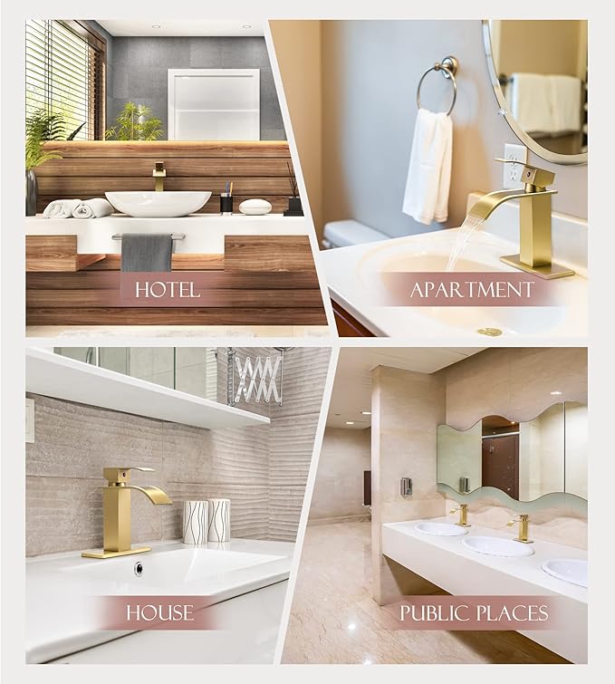 Gold Bathroom Faucet, Modern Single Hole Waterfall Spout Sink Faucet, Brushed Gold With Drain Assembly and Hose