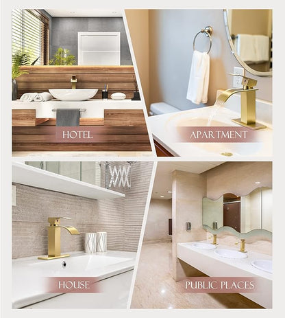 Gold Bathroom Faucet, Modern Single Hole Waterfall Spout Sink Faucet, Brushed Gold With Drain Assembly and Hose