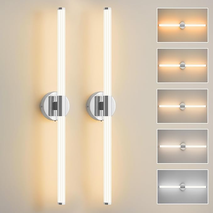 Wall Sconces Set of 2 Hardwired LED Vanity Light Chrome 31" | Dimmable 5CCT LED Bathroom Light Fixtures, 360° Full Lighting, Modern Vanity Light Bar for Bathroom Mirror, Flicker-Free