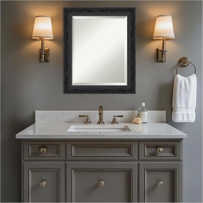 Amanti Art Black Bathroom Mirror for Over Sink, 24x20 Filigree Gloss Black Rectangle Vanity Mirror, Small Traditional Frame, Hangs Horizonally and Vertically, Bathroom Wall Decor, Beveled Edge