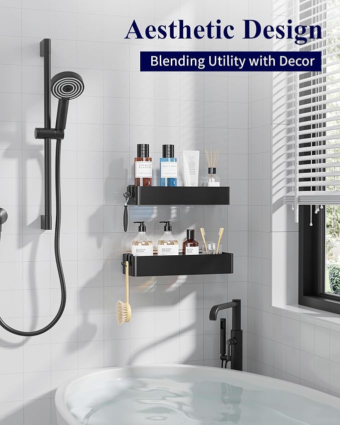 Kitsure Shower Caddy Adhesive, Stylish Shower Organizer, X-Large, Black | 2 Pack Shower Shelf for Inside Shower, 100% Rustproof Metal Shelves, No-Drill Bathroom Organizers and Storage
