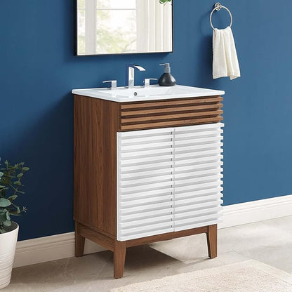 Modway Render Mid-Century Bathroom Vanity with Sink in White Walnut White