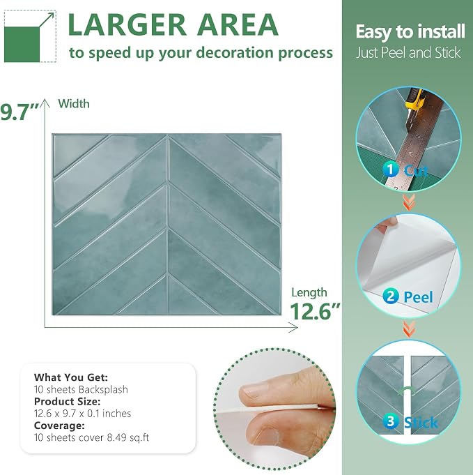 STICKGOO Herringbone Peel and Stick Backsplash, Blue Teal, 10 Sheets | 12.6 x 9.7 in, Thicker Rectangular Vinyl Stick-On Wall Tiles, Easy Alignment, Waterproof, Easy to Clean, Kitchen/Bathroom