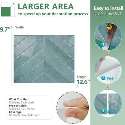 STICKGOO Herringbone Peel and Stick Backsplash, Blue Teal, 10 Sheets | 12.6 x 9.7 in, Thicker Rectangular Vinyl Stick-On Wall Tiles, Easy Alignment, Waterproof, Easy to Clean, Kitchen/Bathroom