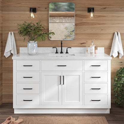 ARIEL Hepburn 60-inch Bathroom Vanity with Sink,Solid Wood, 1.5-inch Italian Carrara Marble Countertop, Single Rectangular Porcelain Sink, 2 Soft Closing Doors, 9 Dovetail Drawers, White