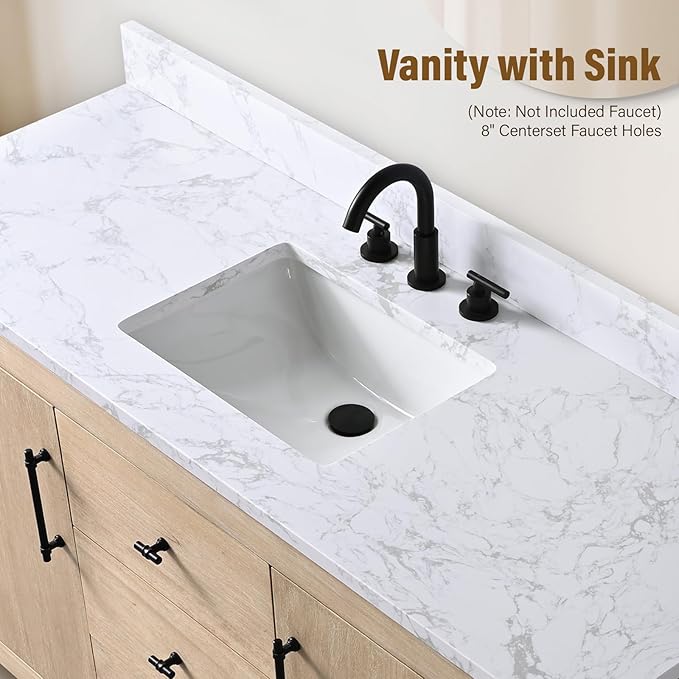 HOMEBEYOND 60" Bathroom Vanity with Single Sink & Ceramic Top, MDF Material Vanity Cabinet with Basin Combo, Soft-Closing Doors, Removable Shelf, Backsplash