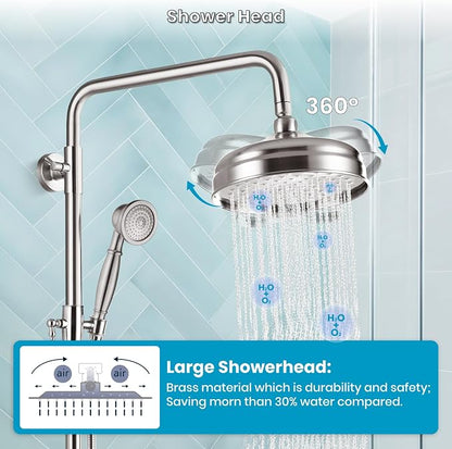gotonovo Exposed Shower System Wall Mount,Brushed Nickel,Metal Handheld | 8” Rain Shower Head Faucet Set Fixtures,2 Function,Two Cross Handle,Height Adjustable,for 5-6.7" Hole,Indoor Victorian Retro