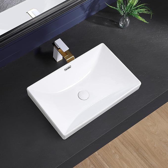 Semi Recessed Bathroom Sink 23"x15" Drop-in Vessel Sink White Porcelain Ceramic Modern Rectangular Sinks Basin Vanity Sinks with Overflow for Bathrooms
