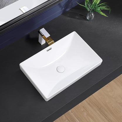 Semi Recessed Bathroom Sink 23"x15" Drop-in Vessel Sink White Porcelain Ceramic Modern Rectangular Sinks Basin Vanity Sinks with Overflow for Bathrooms