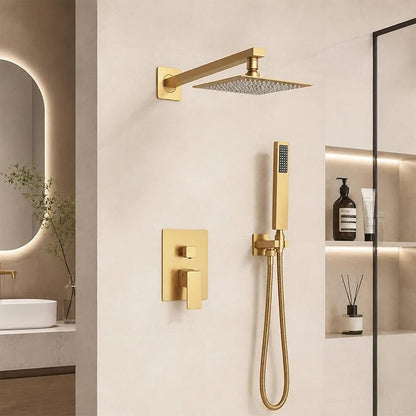 10 Inch Shower Faucet Set,Brushed Gold Shower System With Handheld | Square Shower Head with Shower Trim Kit And Handheld Shower Valve,Multi-function Rainfall,Rain Shower & Handheld Spray Combo
