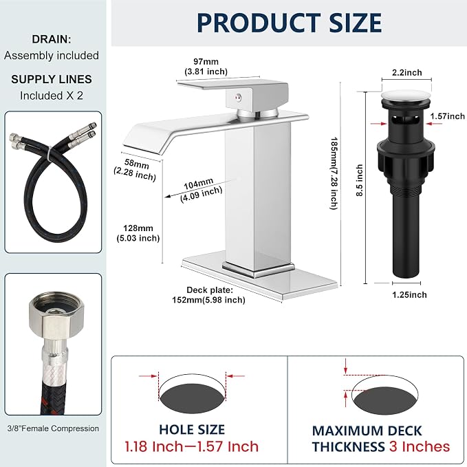 Midanya Waterfall Bathroom Sink Faucet 1 Hole,Polish Chrome | with cUPC Hoses,Pop Up Drain,Deck Plate,for 1 or 3 hole sink,Vanity,RV,Lavatory,Basin,Farmhouse,Stainless Steel,Single Handle