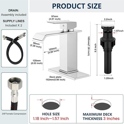 Midanya Waterfall Bathroom Sink Faucet 1 Hole,Polish Chrome | with cUPC Hoses,Pop Up Drain,Deck Plate,for 1 or 3 hole sink,Vanity,RV,Lavatory,Basin,Farmhouse,Stainless Steel,Single Handle