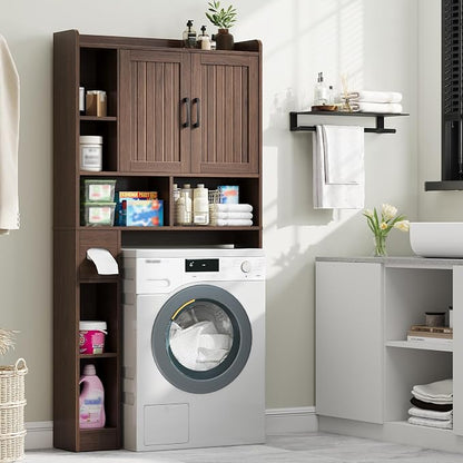 Vabches Farmhouse Over The Toilet Storage Cabinet with Barn Door, Espresso | Storage Cabinet Over Toilet, Home Space-Saving Toilet Rack, for Bathroom, Restroom, Laundry