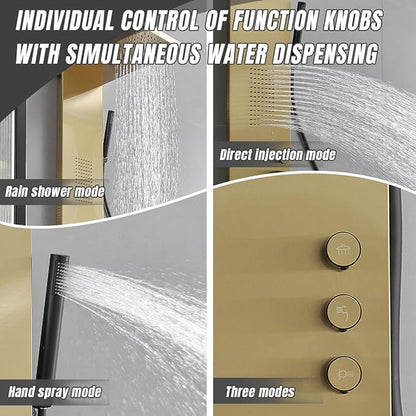 Brushed Gold Shower Panel Tower System Bathroom Wall Mount | Rain Shower Head with Body Jet Massage and Rainfall Hand Shower,High Pressure Large Area,Flexible Shower Hose,Stainless Steel