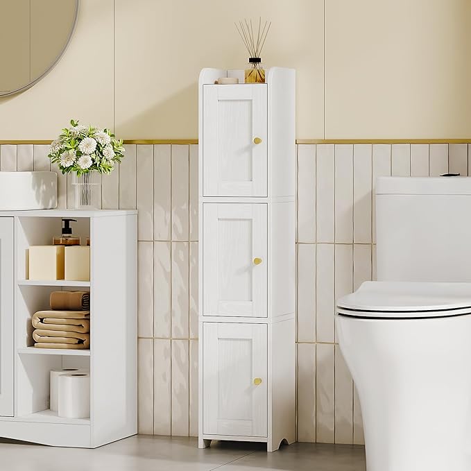Slim Bathroom Storage Cabinet, Narrow Cabinet with 3 Doors, Small Bathroom Organizers and Storage, Laundry Room Organization for Small Space, Kitchen, Living Room, White 022313X